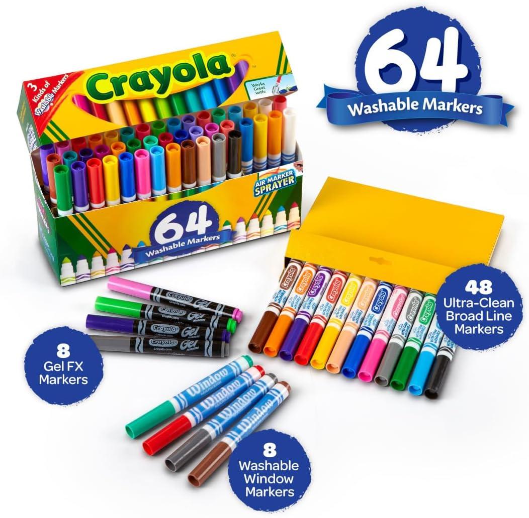 imageCrayola Washable Broad Line Marker Variety Set 64ct UltraClean Window ampamp Gel FX Markers for Kids Coloring Supplies for Arts ampamp Crafts Ages 3 4 5