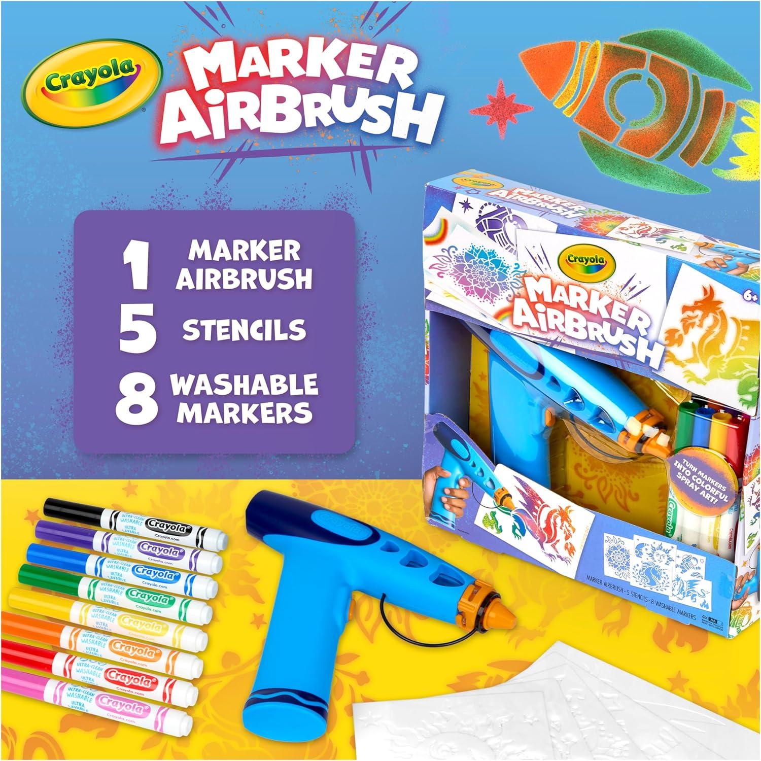 imageCrayola Marker Airbrush Spray Art Kit BatteryPowered Sprayer with 8 Washable Markers ampamp 5 Stencils Holiday for Kids DIY Craft Set Ages 6