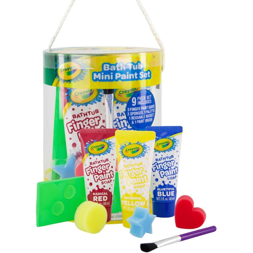 imageCrayola Bath Tub Mini Paint Set 9 Piece Art Kit  Brushes Sponges ampamp Wash Away Finger Paints Blue Yellow ampamp Red Color Tub Fingerpaints