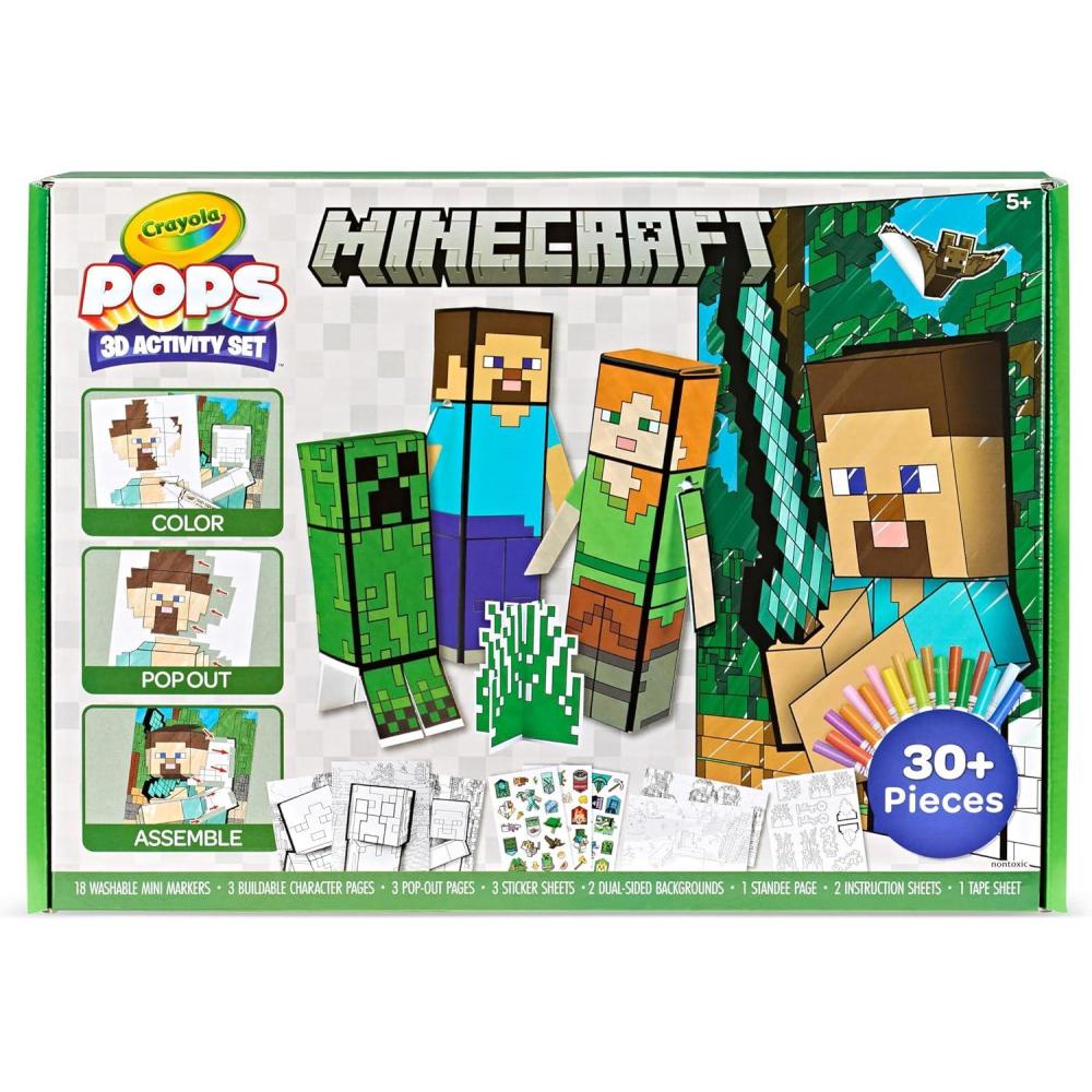 imageCrayola Minecraft POPs 3D Art Kit for Kids Create 3D Characters Coloring Activity Set with Markers ampamp Stickers Minecraft Toys Gift for Boys ampamp Girls