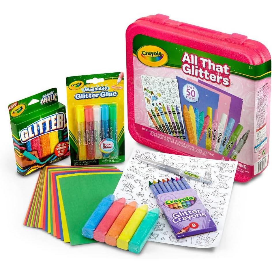 imageCrayola Neon Art Case 50pcs Holiday for Boys ampamp Girls Neon Paint Markers ampamp Crayons Kids Glow in The Dark Art Set Ages 5All That Glitter