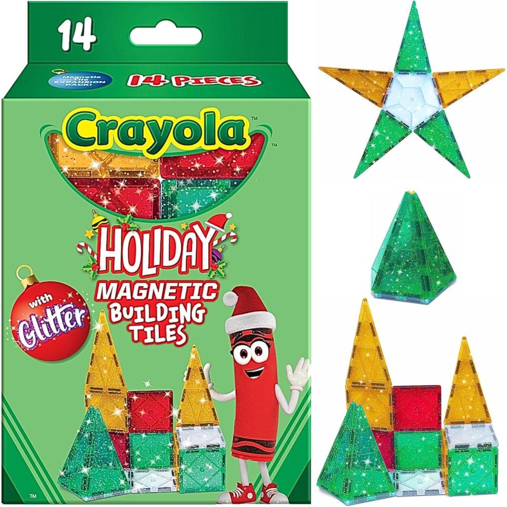 imageCreateOn Crayola Holiday Glitter Magnetic Tiles Building Set for Kids Magnetic Building Toys for Kids STEM Travel Toys for Boys and Girls Ages 3 14Piece Set Holiday GlitterHoliday Glitter