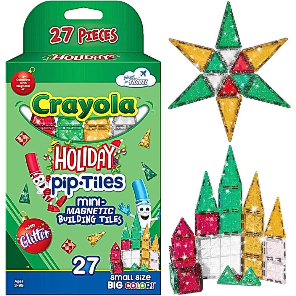 imageCreateOn Crayola Holiday Glitter Mini Micro Nano PIP Magnetic Tiles Magnetic Kids Building Toys STEM Learning Travel Toys for Boys and Girls 27Piece Set