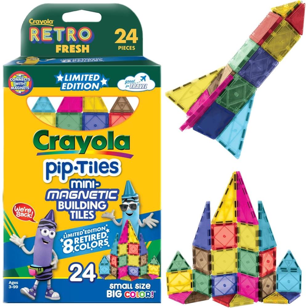 imageCreateOn Crayola Limited Edition Retro PIP Magnetic Tiles Mini Building Set for Kids Magnetic Tiles Kids Building Toys STEM ampamp Montessori Toys for Boys and Girls Ages 3 24Piece Set Retro