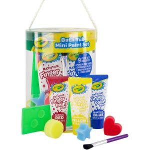 Crayola Bath Tub Mini Paint Set 9 Piece Art Kit – Brushes, Sponges, & Wash Away Finger Paints, Blue Yellow & Red Color Tub Fingerpaints