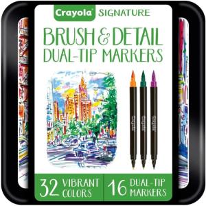 Crayola Brush & Detail Dual Tip Marker Set, 16 Markers, 32 Colors, Adult Coloring Markers, Gifts for Teens & Adults(Brush & Detail)