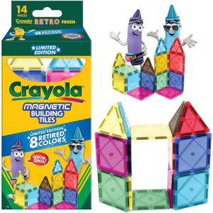 CreateOn Crayola Holiday Glitter Magnetic Tiles, Building Set for Kids, Magnetic Building Toys for Kids, STEM Travel Toys for Boys and Girls Ages 3+, 14-Piece Set (Holiday Glitter)(Retro)
