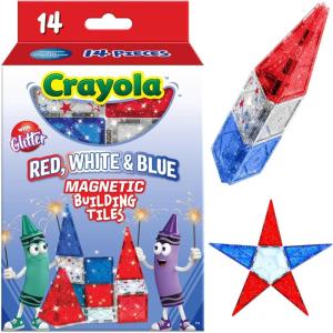 CreateOn Crayola Holiday Glitter Magnetic Tiles, Building Set for Kids, Magnetic Building Toys for Kids, STEM Travel Toys for Boys and Girls Ages 3+, 14-Piece Set (Holiday Glitter)(Red  White and Blue)