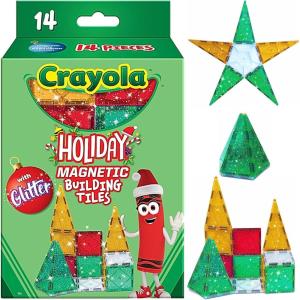 CreateOn Crayola Holiday Glitter Magnetic Tiles, Building Set for Kids, Magnetic Building Toys for Kids, STEM Travel Toys for Boys and Girls Ages 3+, 14-Piece Set (Holiday Glitter)(Holiday Glitter)