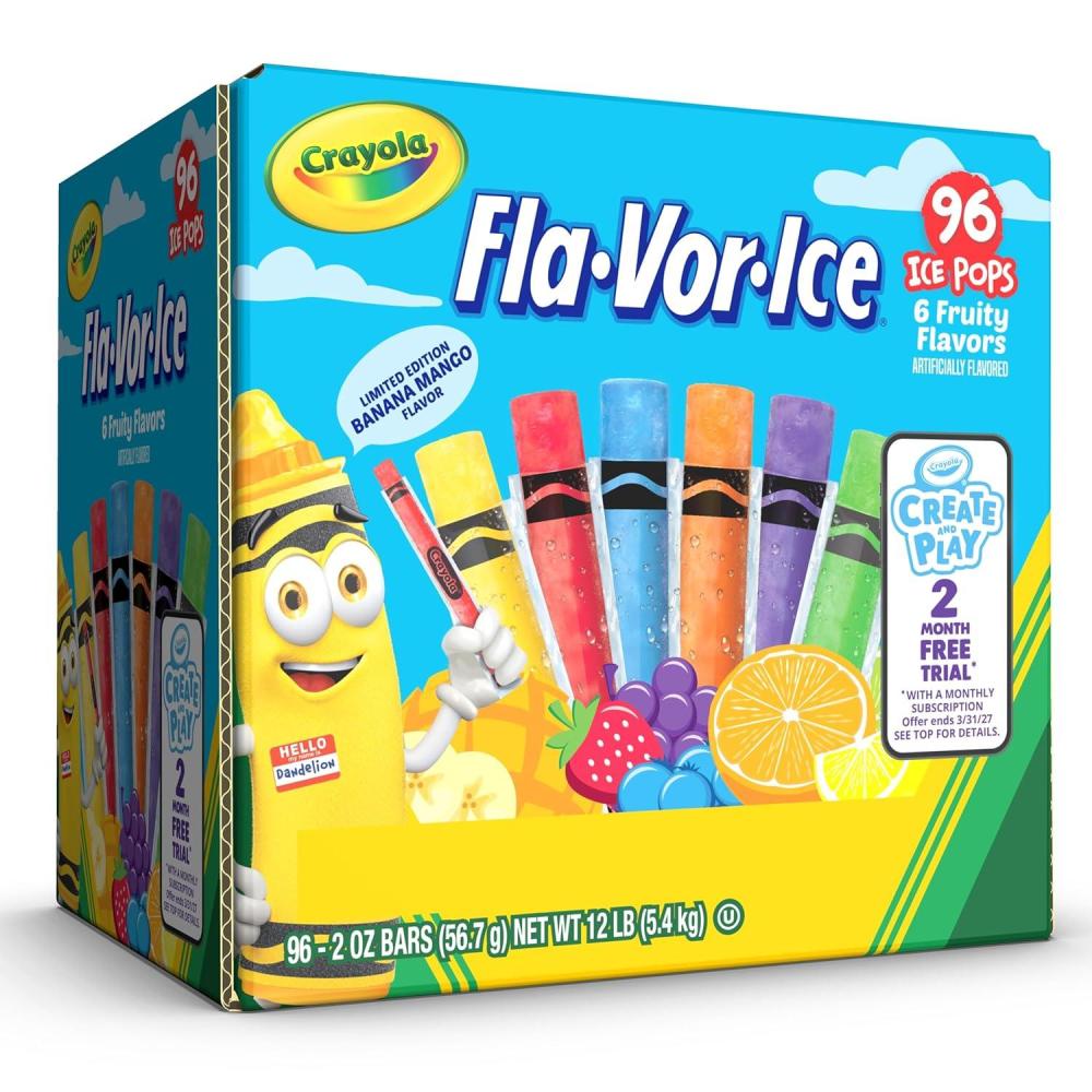 imageCrayola FlaVorIce Popsicle Variety Pack of 2 Oz Freezer Bars Assorted Flavors Banana Mango Strawberry Berry Punch Orange Grape LemonLime 96 Count