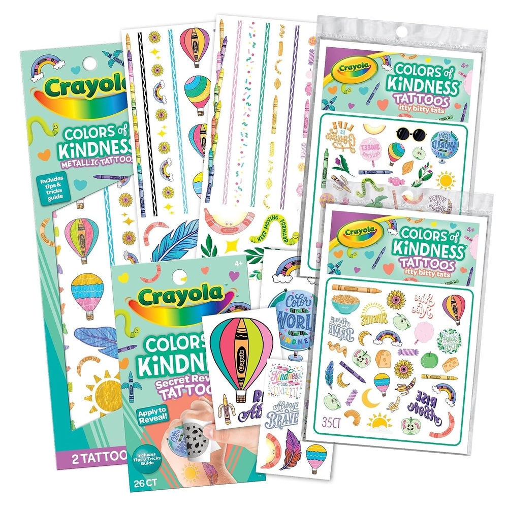 image:imageCrayola Colors of Kindness Temporary Tattoo Sheets Variety Pack with 100 Tattoos for Kids Ages 4 Positive amp Uplifting Designs