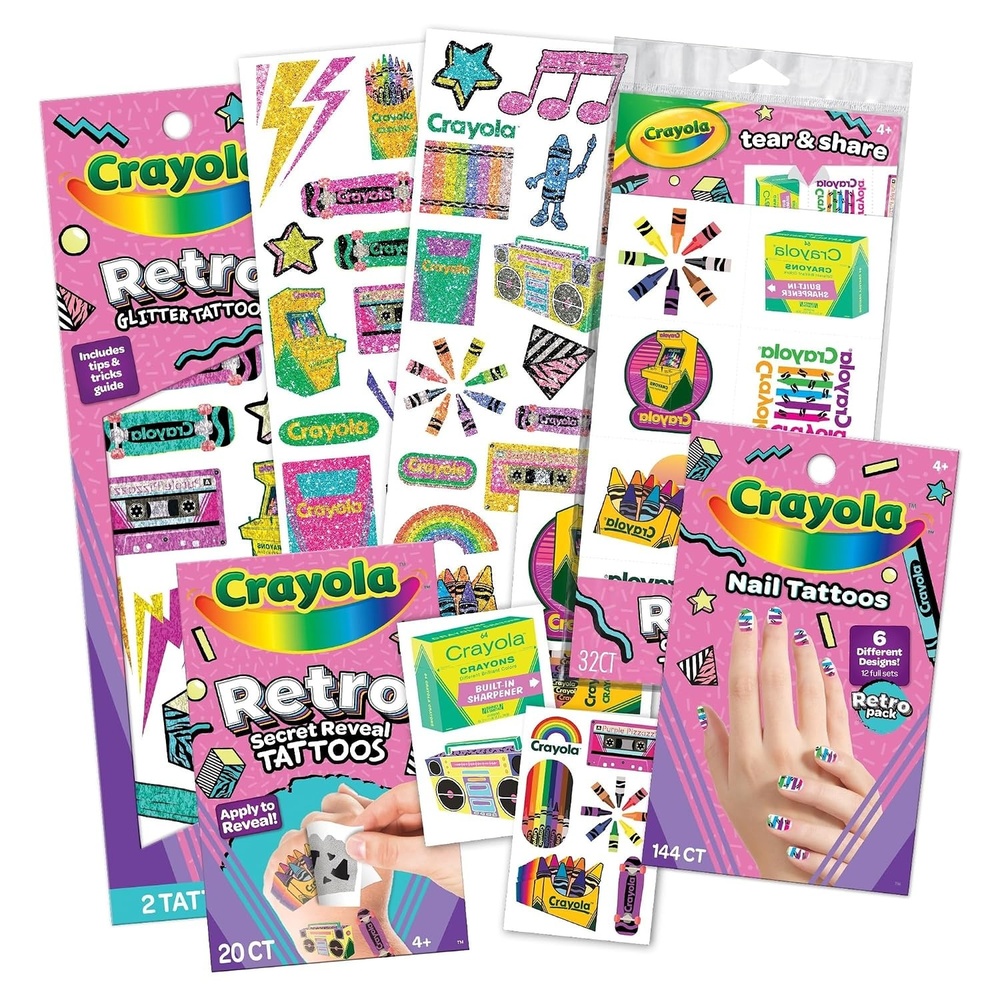 image:imageCrayola Retro Collection Temporary Tattoo Gift Bundle Glitter amp Nail Designs 200 Tattoos for Kids Ages 4