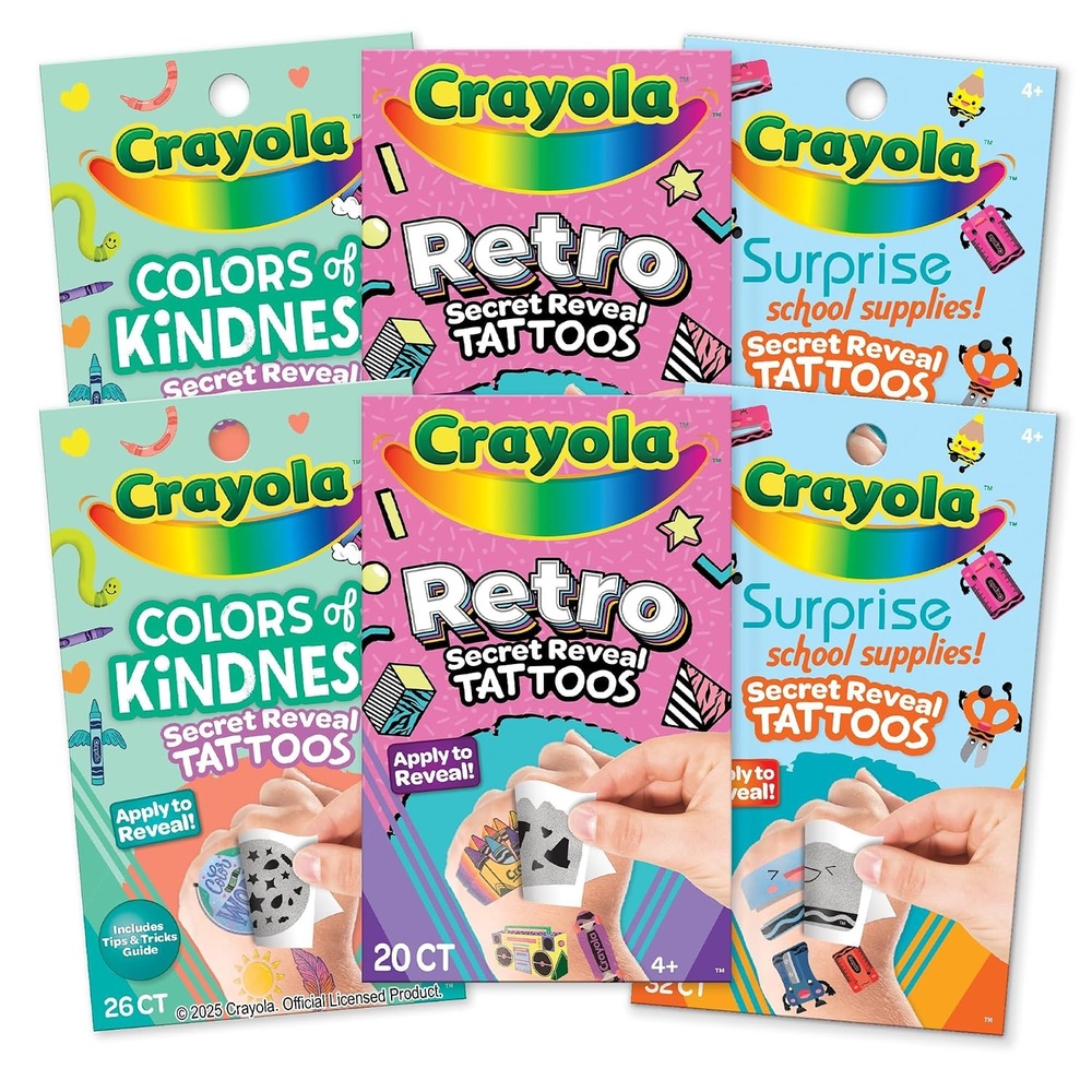image:imageCrayola Secret Reveal Temporary Tattoo Set Variety Pack with 150 Tattoos for Kids Ages 4 Fun Surprise Designs