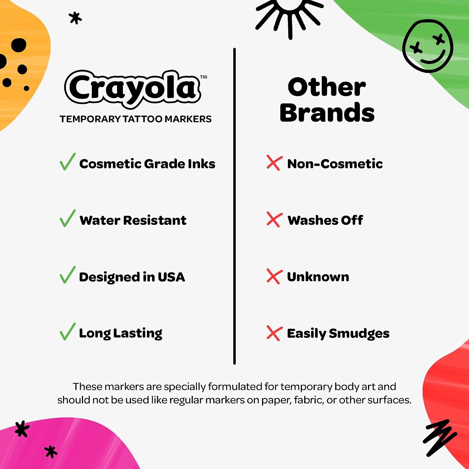 image:imageCrayola 8ct Temporary Tattoo Markers SkinSafe Ink Vibrant Colors Gifts for Children Teens and Adults Made in the USA 1 Pack1 Count Pack of 8