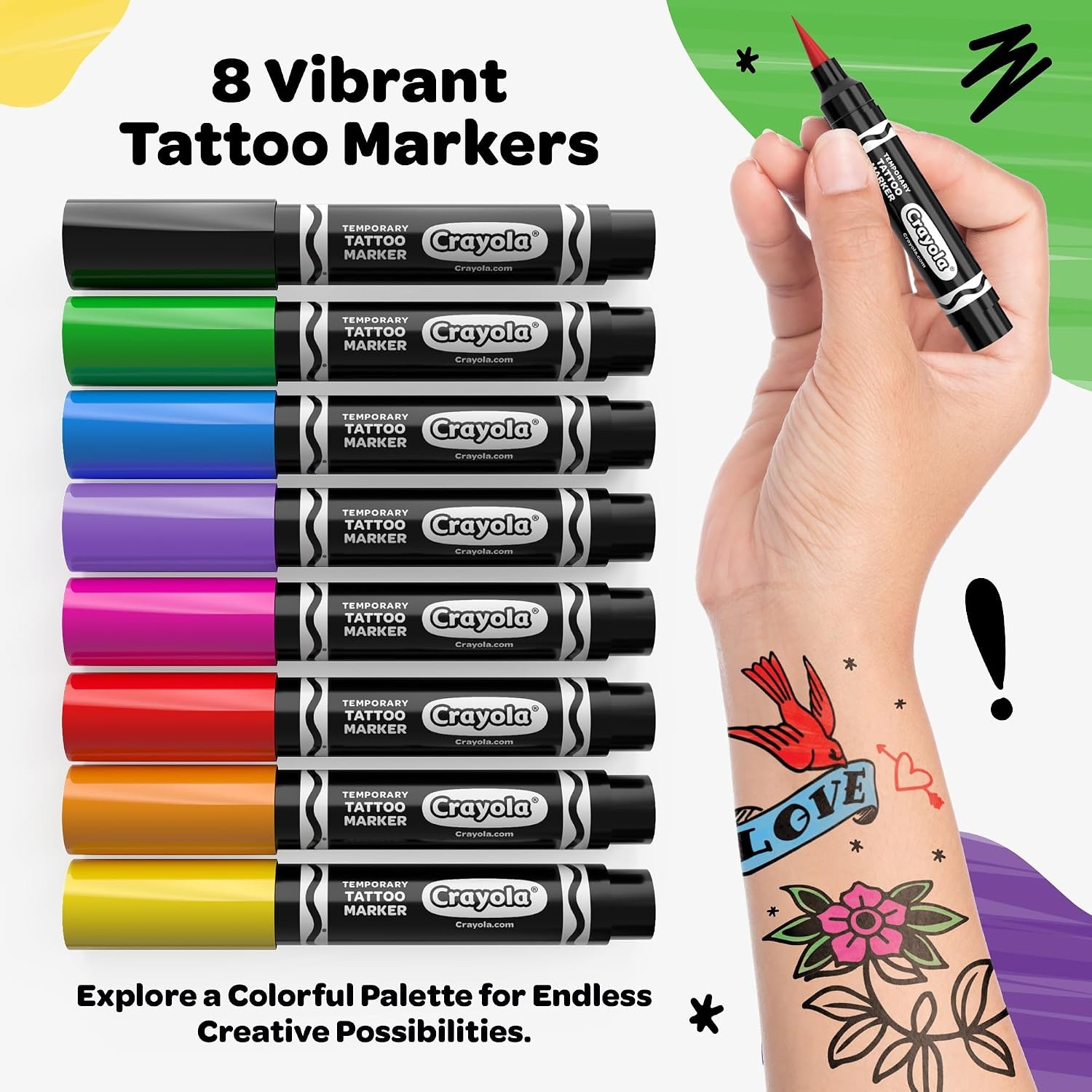 image:imageCrayola 8ct Temporary Tattoo Markers SkinSafe Ink Vibrant Colors Gifts for Children Teens and Adults Made in the USA 1 Pack1 Count Pack of 8