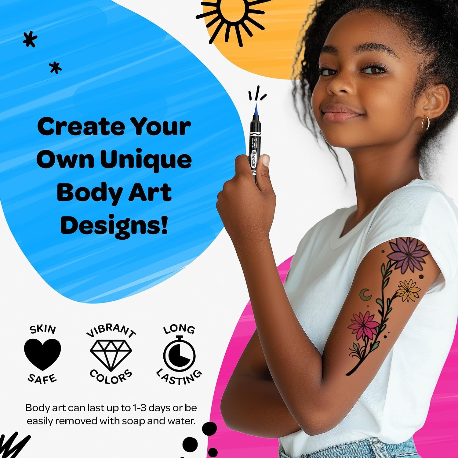 image:imageCrayola 8ct Temporary Tattoo Markers SkinSafe Ink Vibrant Colors Gifts for Children Teens and Adults Made in the USA 1 Pack1 Count Pack of 8