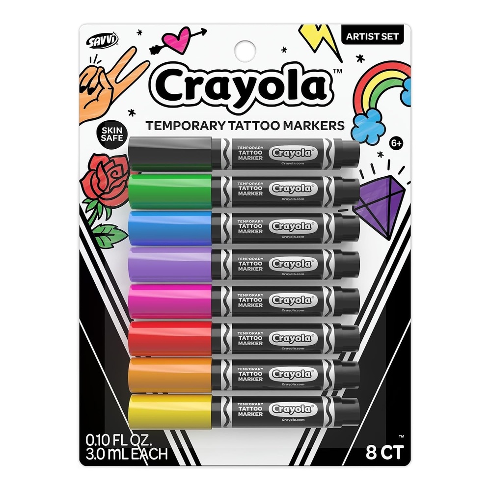 image:imageCrayola 8ct Temporary Tattoo Markers SkinSafe Ink Vibrant Colors Gifts for Children Teens and Adults Made in the USA 1 Pack1 Count Pack of 8